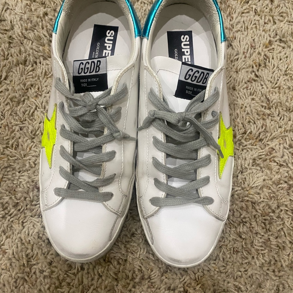 Golden Goose Superstar White Sneakers with Neon Star and Gray Laces